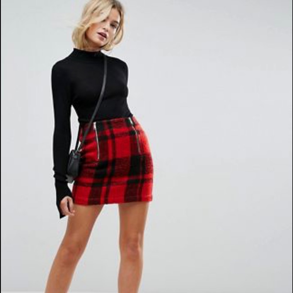 NEW; ASOS PLAID CKECK MINK SKIRT W/ DOUBLE ZIP, SIZE:8